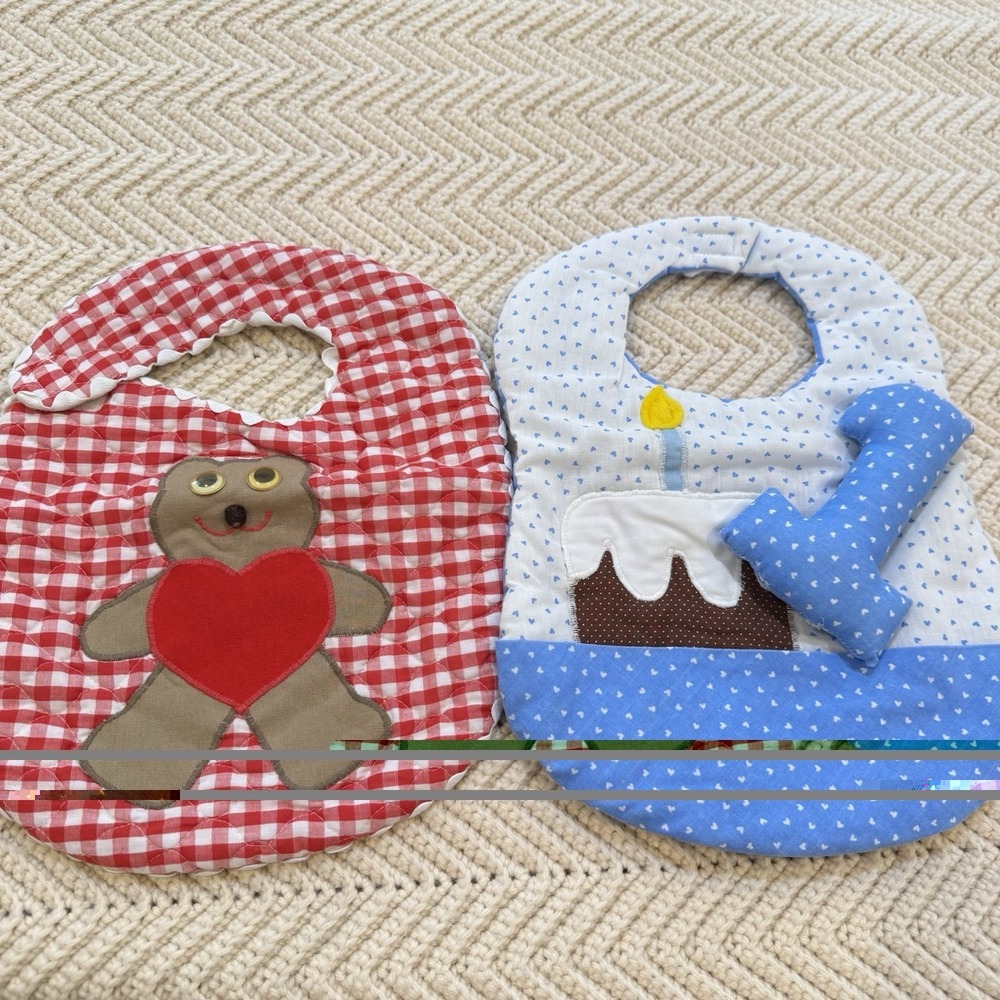Handmade Baby Bibs Set 1st Birthday Bear Cake Hearts Vintage 80s Quilted